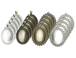 20 Counts Oval Bezels Pendant Trays with 20 Counts Glass Cabochon Round Dome Tiles for Jewelry