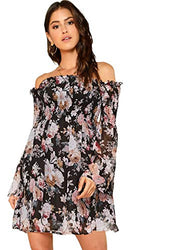 Romwe Women's Sexy Off Shoulder Dress Floral Print A Line Fit and Flare Mini Dress Black XS