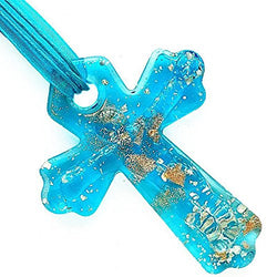 Silver Aqua Cross Lampwork Glass Murano Bead Pendant Ribbon Wax Cord Necklace