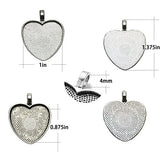 30 Counts Heart Bezels Silver Pendant Trays With 30 Counts Glass Cabochon Heart Dome Tiles For