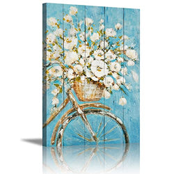 Blue Flower Wall Art Rustic Bathroom Decor Floral Bouquet in Bicycle Basket Canvas Picture Painting Modern Artwork Blossom Prints Poster for Farmhouse Dining Room Kitchen Bedroom Decoration 16x24"