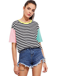 Romwe Women's Colorblock Summer Contrast Neck and Sleeve Casual Striped Tee T-shirt Top pink green Large