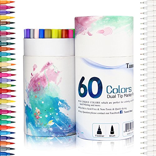 60 Colors Dual Tip Brush Pens Art Markers by Tanmit, 0.4mm Fine