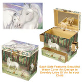 Enchantmints Unicorn Jewelry Boxes for Girls & Boys – Unicorn Music Box Combo with 4 Pullout Drawers, Glass Mirror, Water Color Art Design - Unicorn Figurine Twirls on The Unicorn Tune