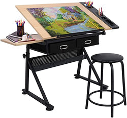JupiterForce Adjustable Height Drafting Desk Drawing Table Artist Table Work Station w/ 2 Storage Drawers and Stool for Reading, Writing, Crafting, Painting and Working, Natural