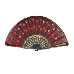 Radix Elegant Fabric Folding Hand Fan (Red/Black) - Snaps Open, Easy to Handle. Cools effortlessly.