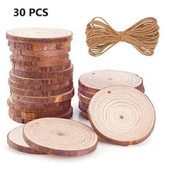 Natural Wood Slices 30Pcs 3.0-3.5 inch Round Circles Unfinished Predrilled Tree Bark Log Discs with Holes for DIY Crafts Rustic Wedding Decoration Vintage Wedding (30pcs 3.0"-3.5")