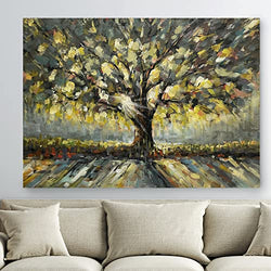 Hand-Painted Green oak Canvas Wall Art ,24"x 36" Framed Trees Oil Painting, Wrapped Modern Rural Artwork for Living Room Restaurant Bedroom Gallery Coffee Shop Decorations