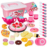 D-FantiX Kids Tea Set for Little Girls, 52Pcs Pretend Play Princess Tea Party Play Food Set for Toddlers Toy Tea Playset Accessories, Contains Plastic Teapots Teacups Cookies Cakes Donuts