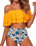 Tempt Me Women Yellow Two Piece Swimsuit High Waisted Bikini Off Shoulder Ruffle Bathing Suits S