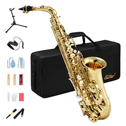 Eastar AS-Ⅱ Student Alto Saxophone E Flat Gold Lacquer Alto Sax Full Kit With Carrying Sax Case Mouthpiece Straps Reeds Stand Cork Grease