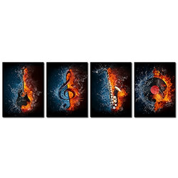 VVOVV Wall Decor - 4 Panel Music Canvas Painting Water and Fire Instrument Series Picture Prints Electric Guitar,Music Note,Saxophone and Turntable Wall Art (Music Wall Art)