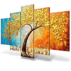 JIMHOMY Modern Floral Abstract Artwork 5 Piece Canvas Wall Art Gold Flowers and Tree Wall Décor Prints Paintings for Living Room Office Decorations Ready to Hang Stretched Non-Handmade