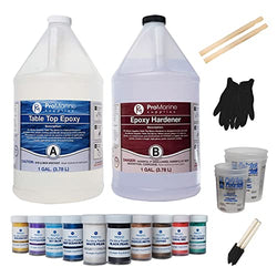 Pro Marine Supplies Crystal Clear Table Top Epoxy with Accessories (2-Gallon Kit) Bundle with Pro Mica Powder (10 Colors) | Clear Epoxy Resin Kit with Mixing Cups, Stir Sticks, Brushes, and Gloves