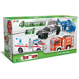 JOYIN 4 Pack Friction Powered City Hero Play Set Including Fire Engine Truck, Ambulance, Police Car and Helicopter Emergency Vehicles with Light and Sound