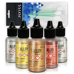 Alcohol Ink Alloys Complete Metallic Set | Ranger Tim Holtz Brand | Colors Include Gilded, Mined, Foundry, Statue, Sterling | 10 Pixiss Alcohol Ink Blending Tools