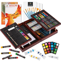 Art Supplies, 130 Piece Deluxe Art Kit for Beginners, Students, Artists and Hobbyists in a Portable Wooden Art Set Box with Acrylic Paints, Colored Pencils, Oil Pastels, Watercolor Cakes