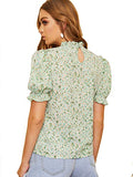 Romwe Women's Floral Print Short Ruffle Sleeve Mock Neck Summer Blouse Tops Green Small