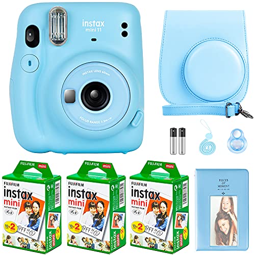 Fujifilm Instax Mini 11 Camera with Fujifilm Instant Mini Film (60 Sheets) Bundle with Deals Number One Accessories Including Carrying Case, Selfie Lens, Photo Album, Stickers (Sky Blue)