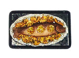 Tasty baked fish with potatoes. Trays + fish and potatoes on the foil. Dollhouse miniature 1:12