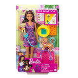 Barbie Doll and Accessories Pup Adoption Playset with Brunette Doll in Purple, 2 Puppies, Color-Change Animal and Pee Pad, Working Carrier and 10 Pieces