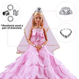 Keysse Doll Clothes Voluminous Skirt Large Trailing Wedding Dress with 5 Accessories, Crown+ Veil+ Bow Hair Clips+ Necklace and Bracelet, Princess Evening Party Clothes Outfit for 11.5" Doll (Pink)