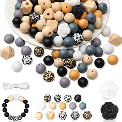 140 Pcs Silicone Beads Kit DIY Jewelry Silicone Accessories for Necklace Bracelet Colorful Silicone Beads for Keychain Making Silicone Loose Beads with Rope for Handmade Crafts (Animal Print Style)