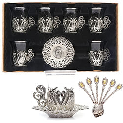 Alisveristime (SET OF 6) Handmade Turkish Tea Water Zamzam Serving Set Glasses Saucer and Spoon (Ottoman) (Silver)