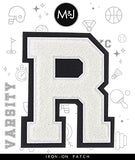 R - White on Black - 4 1/2 Inch Heat Seal/Sew On Chenille Varsity Letter