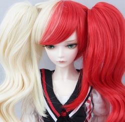 (15-16M)1/6 BJD Doll SD Fur Wig Dollfie / 2 Colors Creamy-White + Red / Long Curl Hair with 2 Ponytails / 009-E