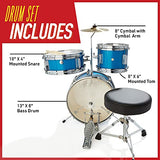 Mendini By Cecilio Kids Drum Set - Junior Kit w/ 3 Drums (Bass, Tom, Snare, Cymbal), Drumsticks, Drummer Seat - Beginner Drum Sets & Musical Instruments