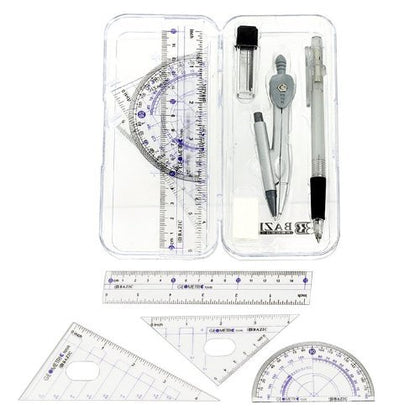 Math Geometry Tool Set - 8 Pieces - Rulers, Protractor, Compass and Pencil