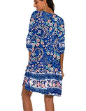 Women's Summer Casual Bohemian Neck Tie Vintage Printed Ethnic Tunic Boho Dress (Light Blue,M)