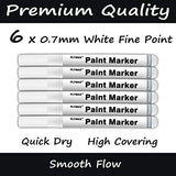 White Paint Pen, 6 Pack 0.7mm Acrylic White Permanent Marker White Paint Pens for Wood Rock Plastic Leather Glass Stone Metal Canvas Ceramic Marker Extra Very Fine Point Opaque Ink
