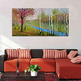 Anolyfi Oil Painting 100% Hand Painted White Birch Tree Forest Canvas Wall Art Watercolor Red Trees Picture, Modern Landscape Artwork Framed Large Size 48"x24" for Bedroom Living Room Kitchen Dinning Room Office Home Decor