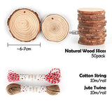 Unfinished Wood Slices 50 Pcs 2.4"-2.8" Natural Wood Rounds with Pre-drilled Hole and 66 Feet Twine