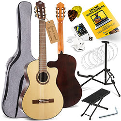 Premium Classical Guitar Walnut and Spruce Full Size 39” Acoustic 6 String Traditional Handcrafted Wood w/Starter Kit Bundle Gig Bag, Digital Tuner, Picks, Stand & Foot Stool