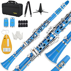 VANPHY Bb Clarinet for Student Beginner, B Flat 17 Nickel-plated Keys Clarinet with Case, Stand, Strap, 2 Barrels, 8 Mouthpiece Cushion, White Gloves, Cleaning Kit (Blue)
