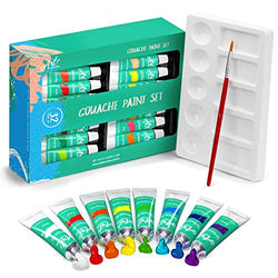 Gouache Paint Set - 32 Painting Colors Kit with Paintbrush & Painter's Palette Tray, 12ml Tubes – Professional Quality Art Supplies for Adult & Children Artists