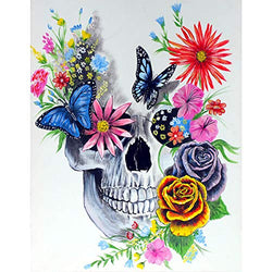 SKRYUIE 5D Diamond Painting Skull with Butterfly Full Drill Paint with Diamond Art, DIY Skeleton Flower Painting by Number Kits Cross Stitch Embroidery Rhinestone Wall Home Decor 30x40cm (12"x16")