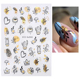 JMEOWIO 9 Sheets Gold Flower Nail Art Stickers Decals Self-Adhesive Pegatinas Uñas Line Abstract Spring Leaf Nail Supplies Nail Art Design Decoration Accessories