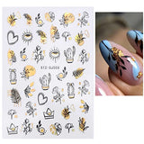 JMEOWIO 10 Sheets Gold Flower Nail Art Stickers Decals Self-Adhesive Pegatinas Uñas Line Abstract Leaf Spring Nail Supplies Nail Art Design Decoration Accessories
