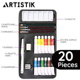 Acrylic Paint Set - 20 Piece Starter Set for Beginners, Students and Artists, Ideal for Canvas Painting, 12 Tubes x Acrylic Paints in Vivid Colors, 3 Brushes - Art Supplies Kit for Adults and Kids