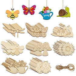 80PCS Wooden Spring Ornaments to Paint, 8 Styles DIY Blank Unfinished Wood Cutouts Ornament for Home Crafts Hanging Decorations, Insect Dragonfly Butterfly Snail Watering Can Mushroom Flower Shape