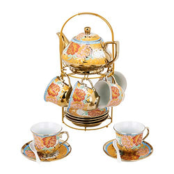 20 Piece European Ceramic Tea Set Porcelain Tea SetWith Metal Holder,flower tea set Peony Painting Round portable shelf (Large version).
