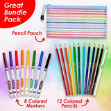 Color Pencils and Fine Tip Markers Set, 12 Colored Pencils for Adult Coloring and 8 Markers for Kids, Coloring Pencils, Markers and Pouch Included
