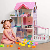 BABLE Wooden Dollhouse with Furniture Pieces,Toy House for Little Girls 3-8 Years Old, Kids Pretend Play Dollhouse Kit, Toy Play Set Dollhouse Toy with Accessories, 34 x12 x34 in,Pink
