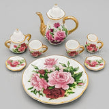 Odoria 1:6 Miniature 8PCS Porcelain Tea Cup Set Pink Rose Chintz with Gold Trim Dollhouse Kitchen Accessories