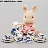 Odoria 1:12 Miniature 15PCS Blue Porcelain Chintz Tea Cup Set with Golden Trim Dollhouse Kitchen Accessories
