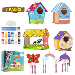 7 Pack DIY Bird House Kit, Wind Chime Kits Painting Puzzle DIY Wooden Assembly, Art Craft Wood Toy for Kids to Build and Paint Birdhouse, Wooden Craft Art for Girl Boy(4 Bird House & 3 Wind Chime)